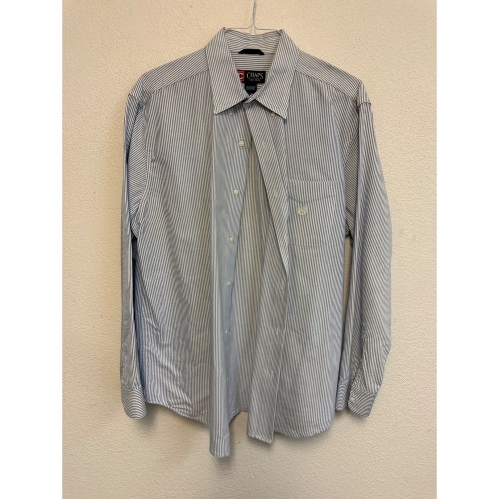 Chaps Men's Blue White Striped Button Down Shirt Size Large 100% Cotton